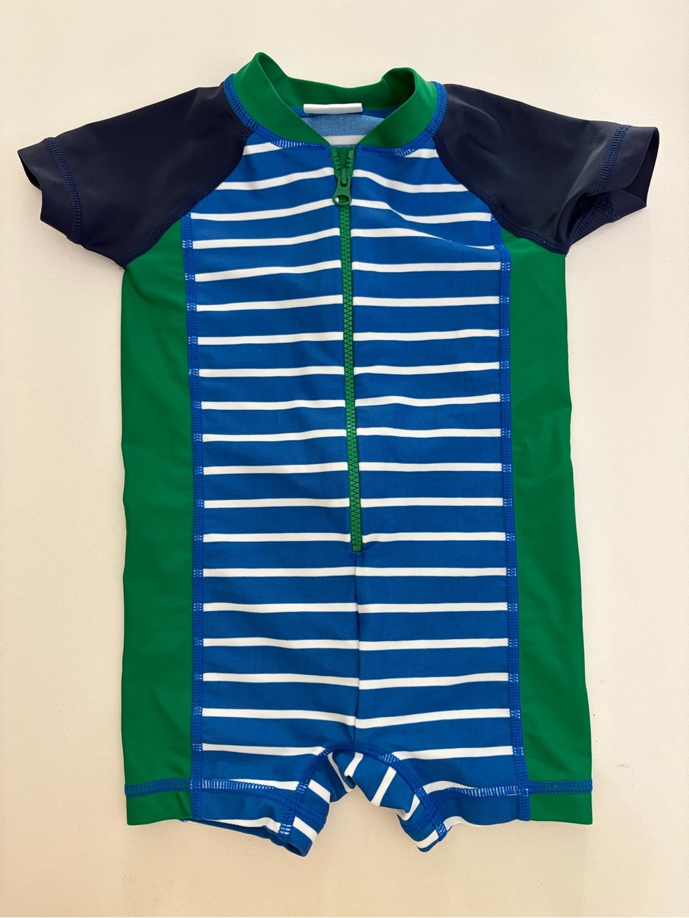 Hanna Andersson Green, Blue & White Striped Front Zip One-Piece Swim Suit 6-12m